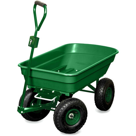 TERRE JARDIN Chariot de Jardin 4 Roues 120 kg - Bac Bascule 52L avec Poignée Amovible et Adaptateur Tracteur - Chariot de Transport et Remorque de Jardin Pratique et Pliable