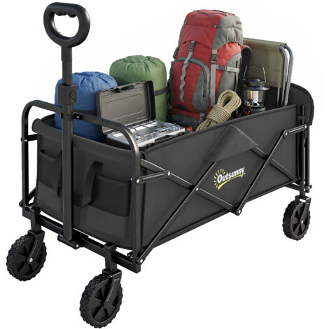 Chariot de Jardin 72L Pliable avec Poignée Réglable, en Acier et Tissu Oxford, 114x46x92 cm, Noir