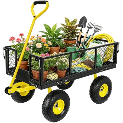 Chariot de Jardin 900 lbs 2 en 1, Chariot Métallique avec Filet Amovible, Roues 10", Poignée Rotative 180° Jardin Ferme Cour