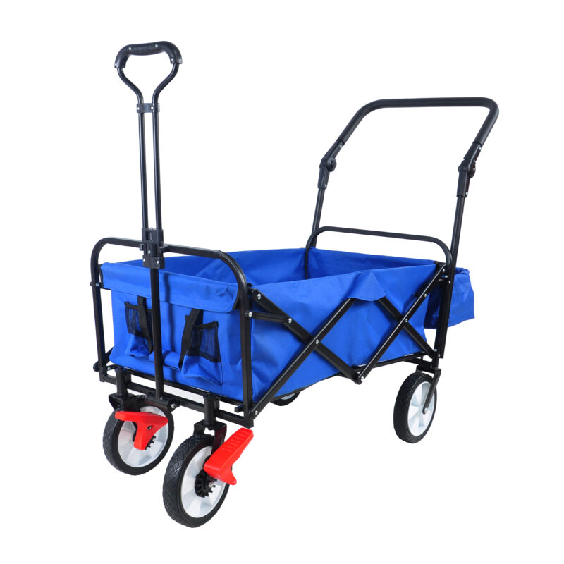 Chariot de jardin, chariot pliable, chariot d'extérieur pliable, chariot à main portable, porte-gobelet, poignées réglables, bleu