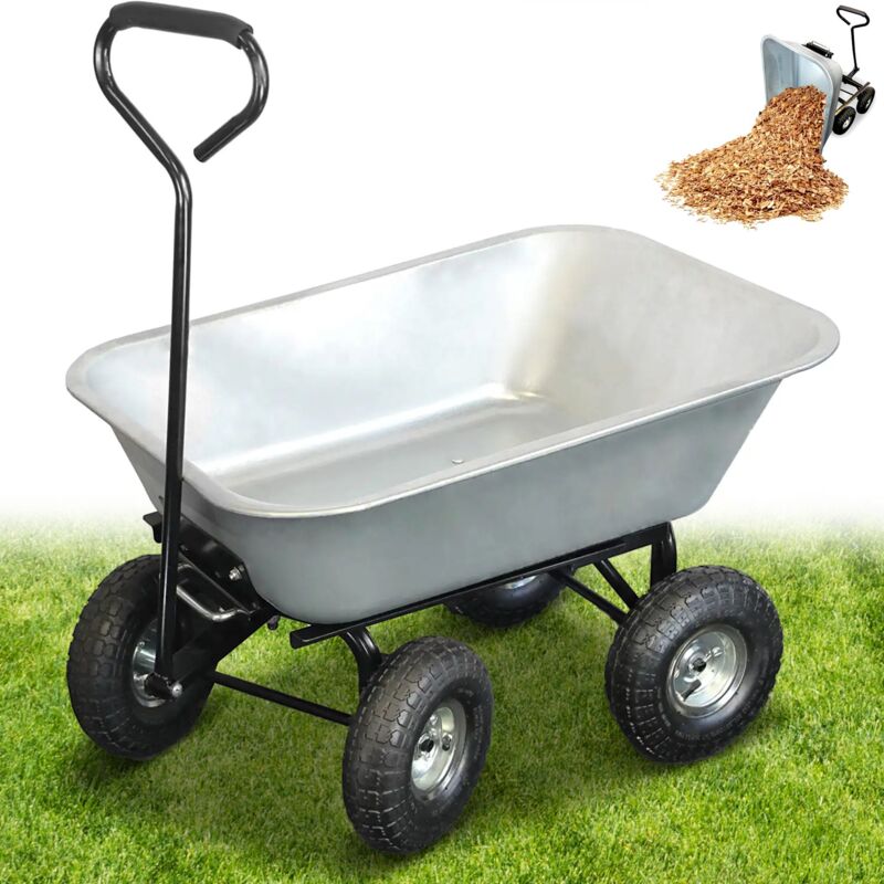 Chariot de Jardin à Main 75L - Remorque Brouette 4 roues Gonflables ø 260 mm - Benne Basculante - Capacité de Charge Max 250 kg - Long Manche - 86 x