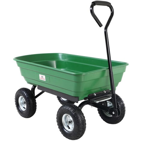 Chariot de jardin à main 75L vert avec benne basculante Remorque 4 pneus max 300 kg Jardinage