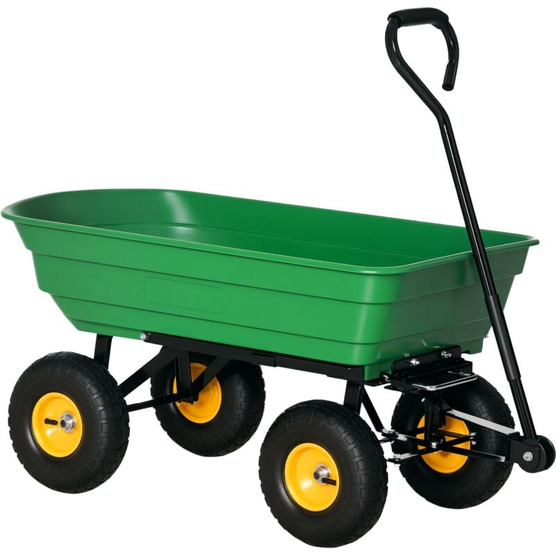 Chariot de jardin à main benne basculante 75° 75L charge max. 200 Kg 4 roues pneumatiques acier pp jaune vert