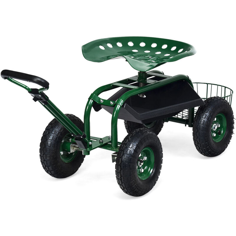 Chariot de jardin avec poignée extensible panier de rangement et 2 plateaux à outils scooter à 4 roues 96,5 x 48,5 x 45,5-54,5 cm vert