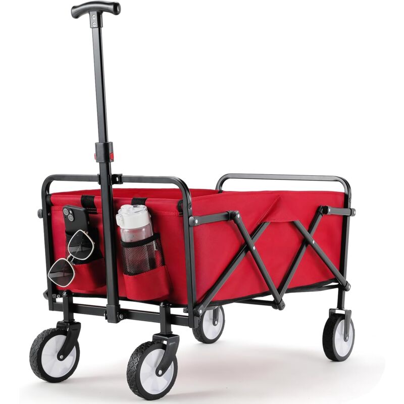 Chariot de jardin Chariot Enfant Chariot de transport Pliable Chariot de Plage max.60KG Poignée Réglable(Rouge)