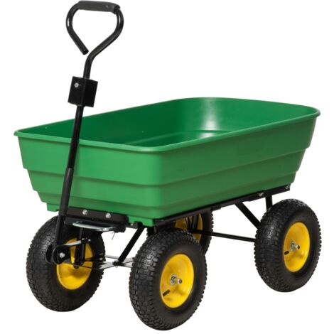 Chariot de jardin en acier et polypropylène de 125 L avec plateau basculant et poignée de transport, 118 x 58 x 102 cm, vert foncé