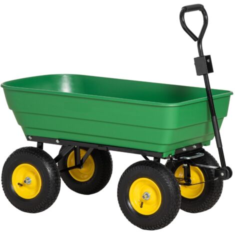 Chariot de jardin manuel avec benne basculante inclinable à 75°, capacité de 125 litres, capacité de charge maximale de 200 kg, 4 pneus pneumatiques, acier, matériau PP, jaune/vert.