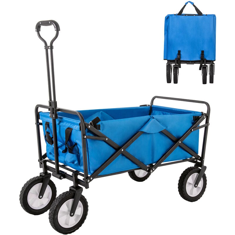 Chariot de jardin pliable 120 kg, chariot de transport, chariot à main avec porte-gobelet en maille, poignée réglable, bleu