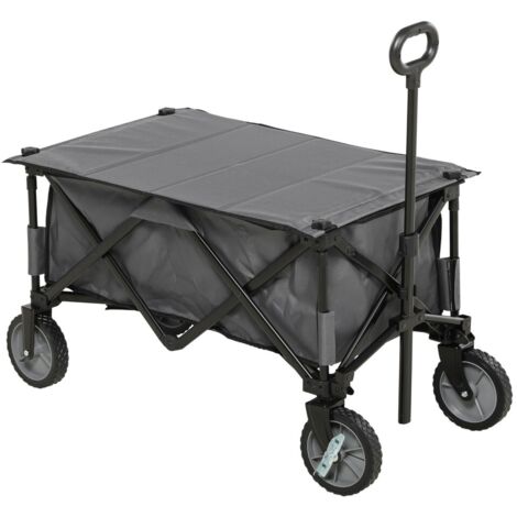 Chariot de jardin pliable-120kg de capacité-avec poches latérales-et plateau rabattable-poignée ajustable-gris foncé-108x55x93cm
