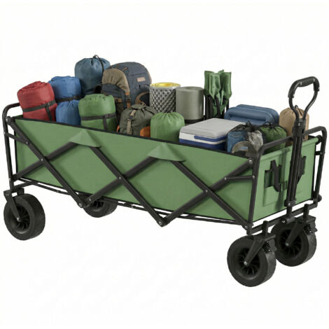 Chariot de Jardin Pliable 130L avec Roues. Remorque Robuste avec Freins. Poignée Réglable. vert