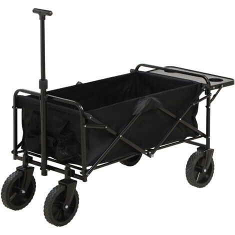 Chariot de jardin pliable 4 roues, bâche amovible, poignée télescopique, inclinaison réglable, plateau pliant noir