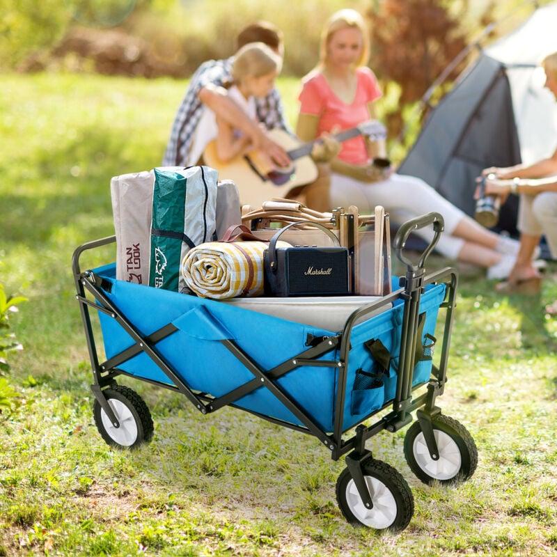 Chariot de jardin pliable avec porte-boissons en Maille, jusqu'à 120KG, rotation de la roue avant à 360°, poignées réglables - Bleu