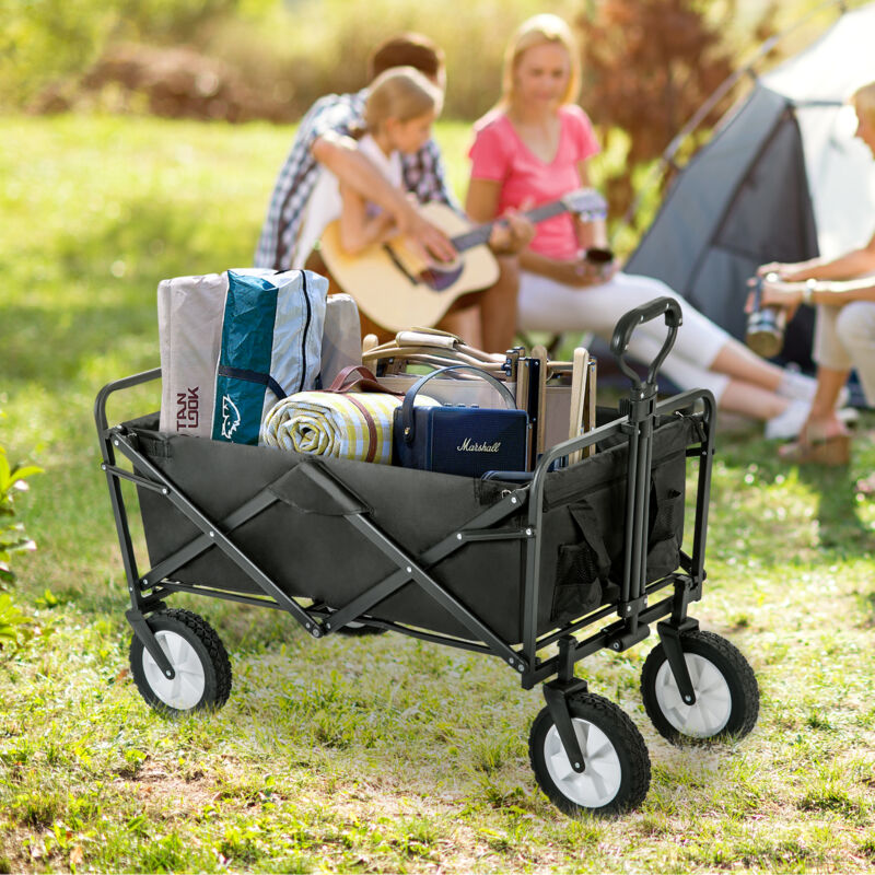 Chariot de jardin pliable avec porte-boissons en Maille, jusqu'à 120KG, rotation de la roue avant à 360°, poignées réglables - Noir