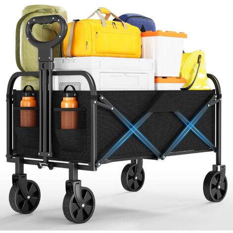 Chariot de Jardin Pliable, Chariot de Transport de Plage 220 L Charge Max 172KG avec Roues, Porte-Boissons, Chariot de Sport Robuste pour Camping, Shopping, Jardin, Exterieur, Noir