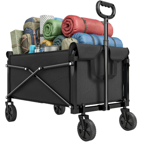 Chariot de jardin pliable et compact de 80 L avec poignée réglable, noir, idéal pour les festivals.
