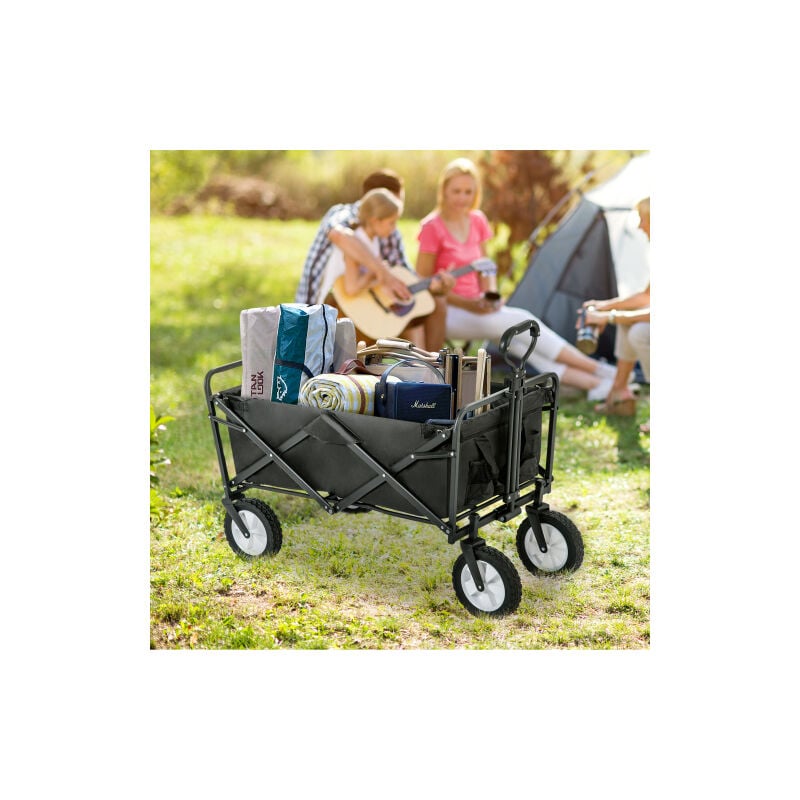 Chariot de jardin pliable tout-terrain, porte-gobelet en maille, poignées réglables, sac en tissu, rotation à 360° de la roue avant, noir