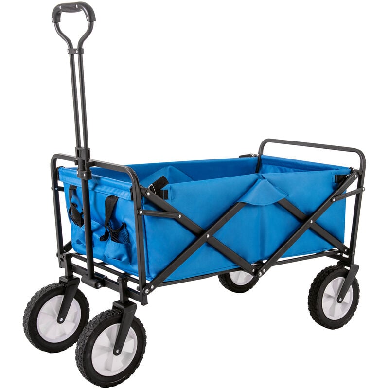 Chariot de jardin pliable - Porte-gobelet en maille, poignée réglable, sac en tissu, rotation de la roue avant à 360 degrés, capacité 100 kg - Bleu