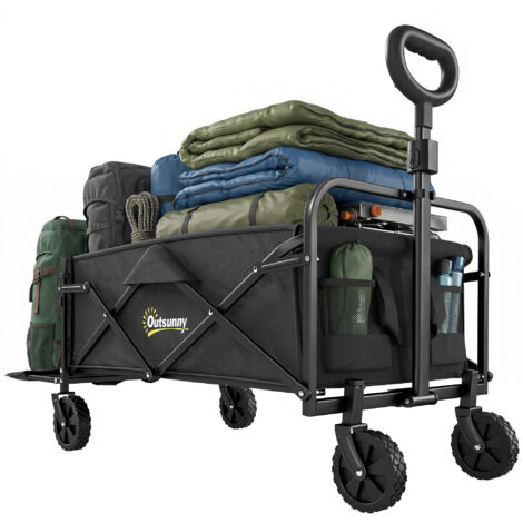 Chariot de jardin pliant 72L avec poignée réglable, acier et tissu oxford, 114x46x92 cm, noir