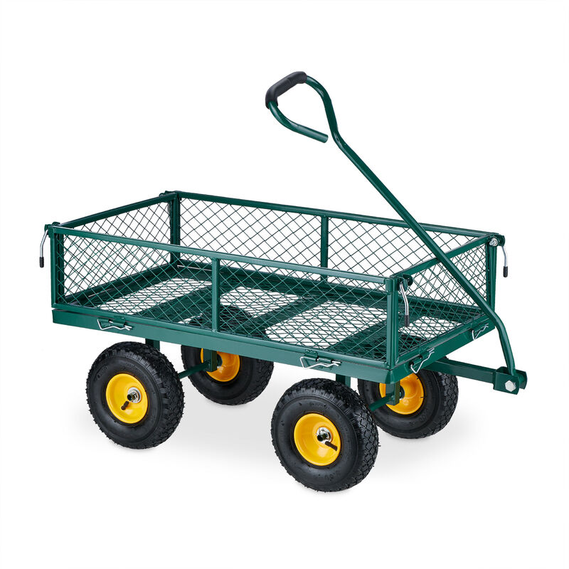 Chariot de jardin pratique, roues pneumatiques, parties latérales pliables, charge max. 200 kg, vert/jaune - Relaxdays