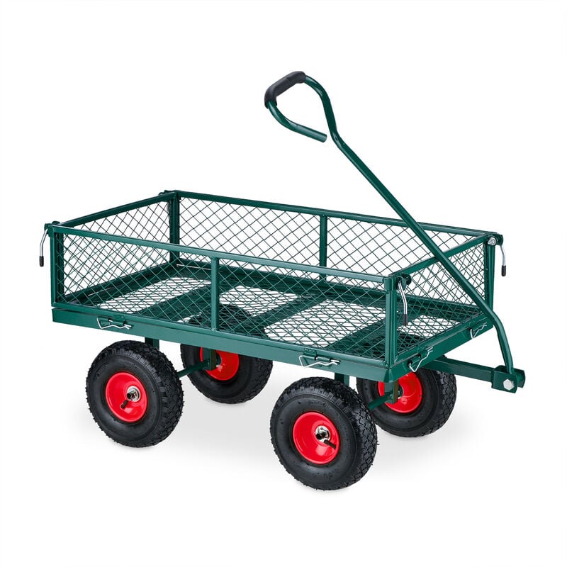 Relaxdays - Chariot de jardin pratique, roues pneumatiques, parties latérales pliables, charge max. 200 kg, vert/rouge