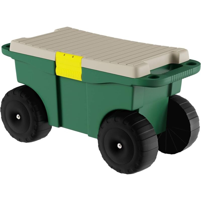 Chariot de jardin utilitaire – Bac de rangement à roulettes avec banc et plateau à outils intérieur – Tabouret de jardinage pour désherbage et