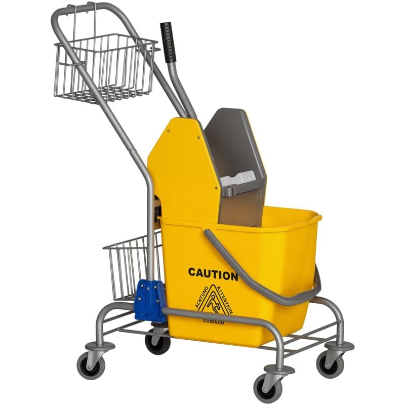Homcom - Chariot de lavage chariot de nettoyage professionnel en acier presse à mâchoire seau + rangements jaune