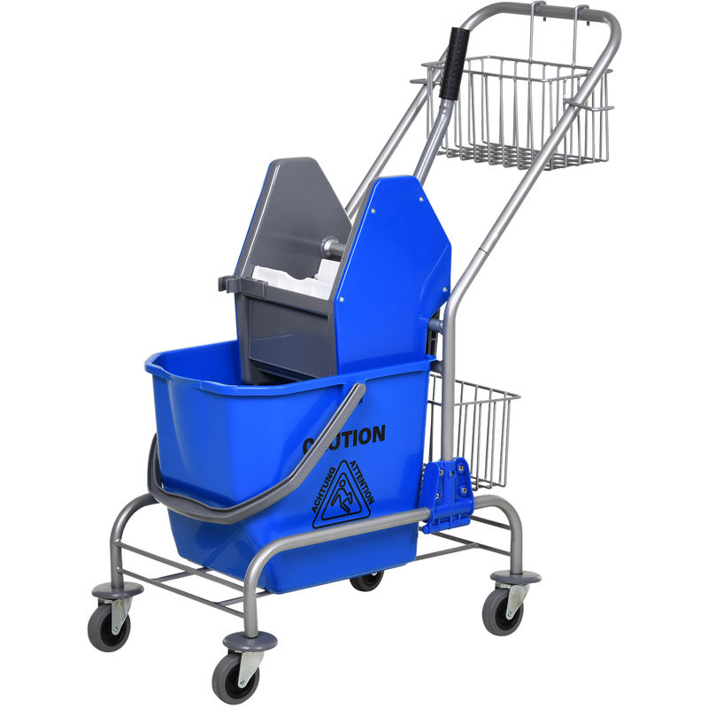 HOMCOM Chariot de lavage chariot de nettoyage professionnel en acier presse à mâchoire seau + rangements bleu - Bleu