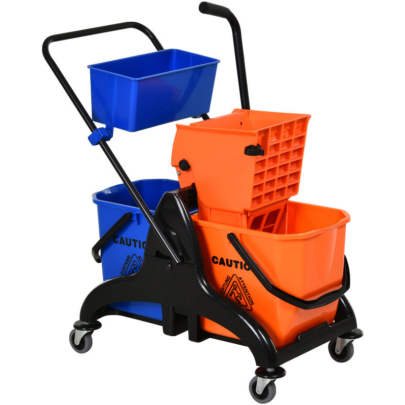 Homcom - Chariot de lavage chariot de nettoyage professionnel presse à mâchoire 2 seaux + rangement orange bleu - Orange
