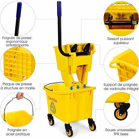 Chariot de nettoyage sur roulettes professionnel avec essoreuse seau de ménage 24l-50 x 36 x 84 cm