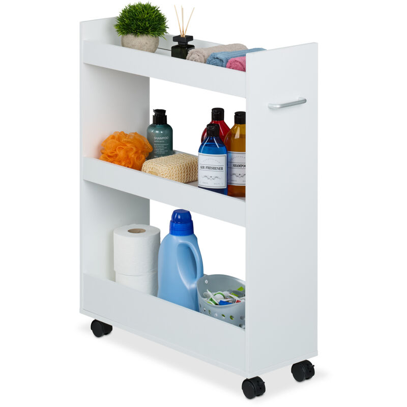 Chariot de niche, 3 compartiments, h x l x p : 78 x 21,5 x 63 cm, mdf, Étagère à roulettes, blanc - Relaxdays