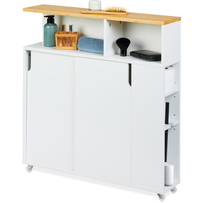 Relaxdays Mobile Bagno Porta Scopino, Carrellino Su Ruote Con 6 Scomparti, Hlp 79x17x75 Cm, Mdf E Bambù, Naturale Bianco