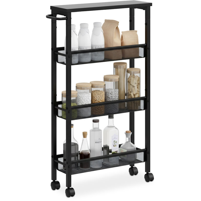 Chariot de niche Relaxdays, H x L x P : 77 x 13 x 45,5 cm, étagère étroite pour salle de bain et cuisine, métal noir.