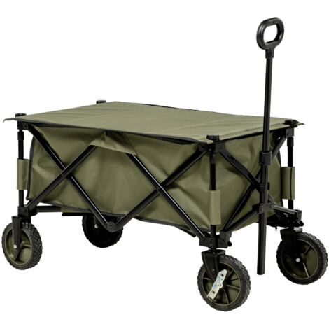 Chariot de plage, chariot de transport pliable, couvercle supérieur amovible, poignée réglable en hauteur, plateau inclinable, pliable, avec 5 sacs de rangement, dimensions : 108 x 55 x 93 cm, vert.