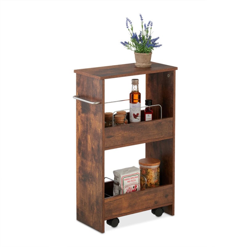 Chariot de rangement, 3 niveaux, étagère étroite, salle de bain, cuisine, 66,5 x 42 x 20 cm, marron - Relaxdays