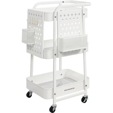 Chariot de Rangement, 3 Plateaux en Maille Métallique, 2 Panneaux Perforés Amovibles, 2 Supports Suspendus, 4 Crochets, pour Bureau, Cuisine, Salon, Salle de Bain, Blanc Nuage