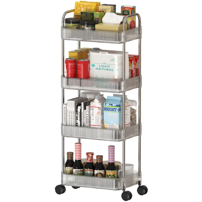 Chariot de Rangement 4 Étages en Acrylique Transparent – Roulettes Résistantes & Capacité 15kg – Design Mobile pour Cuisine/Salle de Bain/Chambre