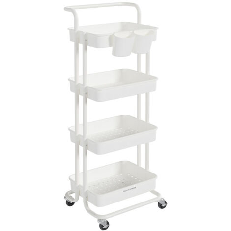Chariot de Rangement, 4 Niveaux, Desserte sur roulettes, Étagère, Poignée, 2 Pots, 2 Freins, Paniers en Plastique, Montage Facile, Chambre, Cuisine, Blanc