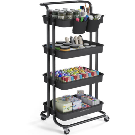 Chariot de Rangement, 4 Niveaux, Desserte sur Roulettes, Étagère, Poignée, 2 Pots, 2 Freins, Paniers en Plastique, Montage Facile, Chambre, Cuisine, Noir