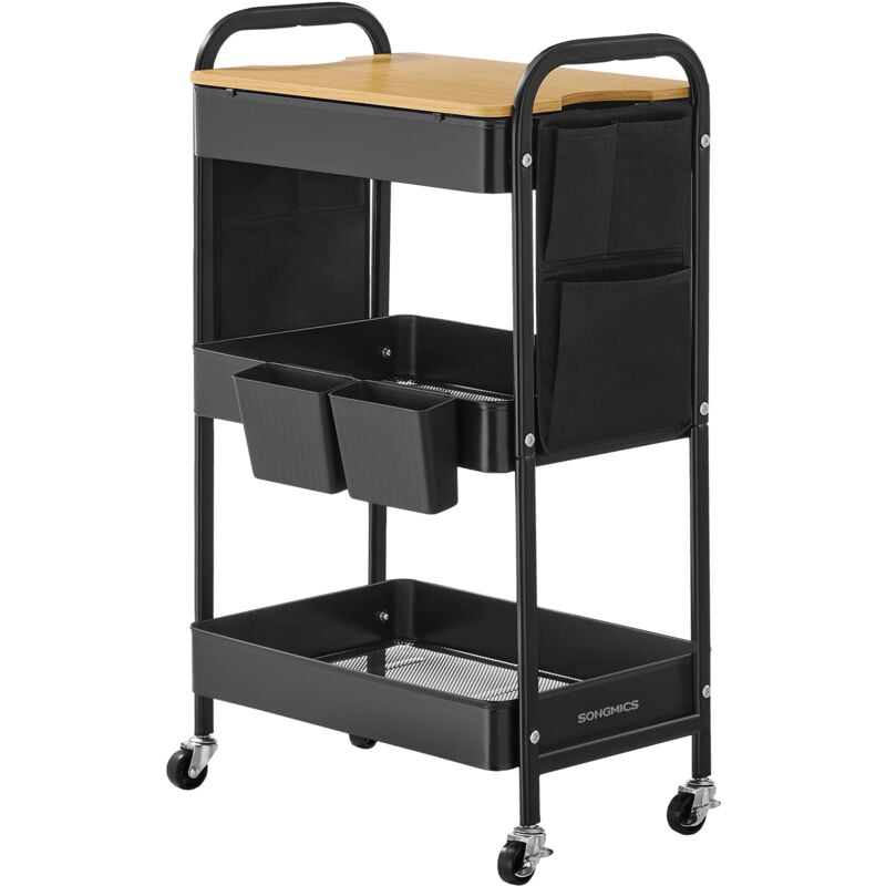 Chariot de Rangement à 3 Niveaux, Chariot Roulant avec Table Supérieure, 2 Pots Amovibles, 6 Poches Latérales, Chariot Multi-Usage pour Salon,