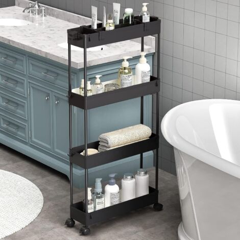 Chariot de Rangement à 4 étagères Chariot Coulissant et Coulissant de Rangement Mobile pour Cuisine-Salle de Bain, buanderie, Chambre à Coucher, Espace étroit, Plastique, Noir