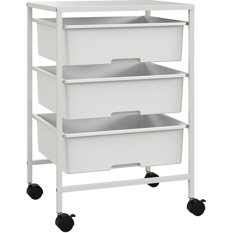 Chariot de rangement à 4 niveaux - 3 paniers et plateau - roulettes verrouillables - acier pp blanc