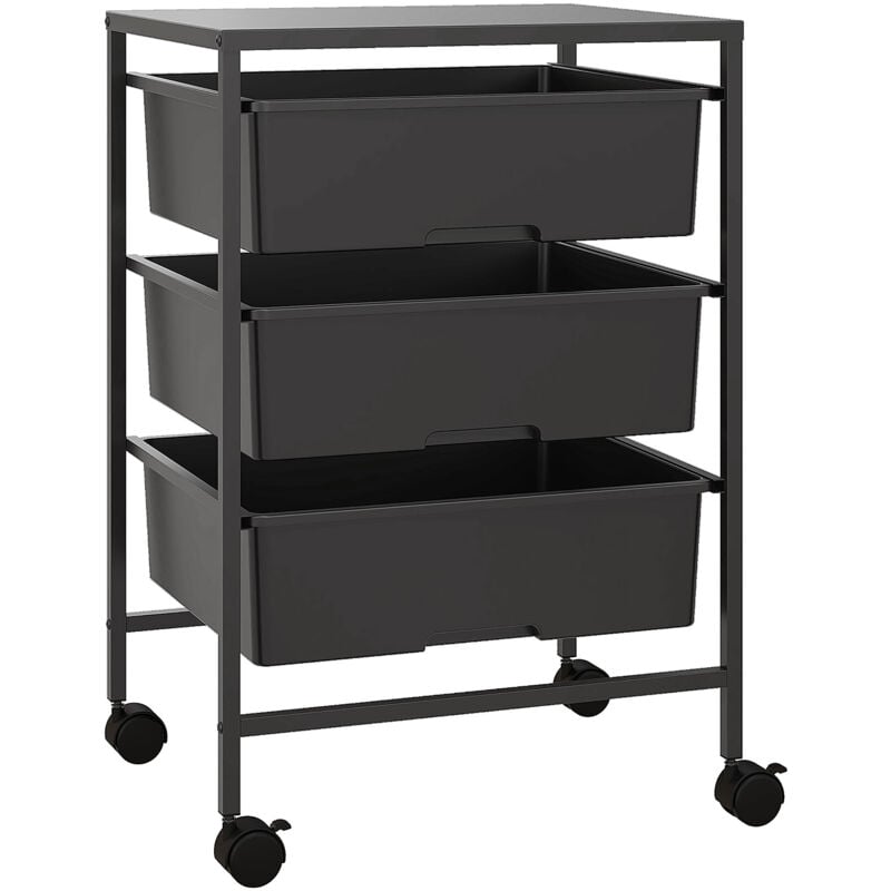 Chariot de rangement à 4 niveaux - 3 paniers et plateau - roulettes verrouillables - acier pp noir