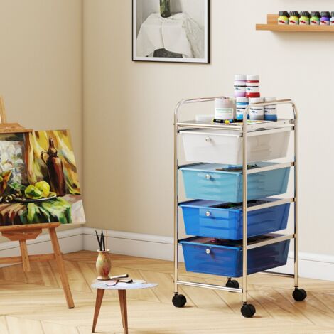 Chariot de Rangement à Roulettes avec 4 Tiroirs Plastiques Amovibles Tour de Rangement à Roulettes Cadre en Métal 37 x 32 x 76 cm Bleu