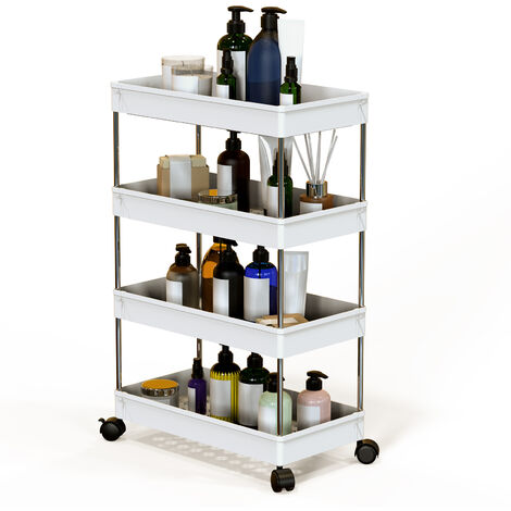Chariot de Rangement à Roulettes, Desserte à Roulettes à 4 Niveaux et 8 Crochets, étagère de Cuisine pour Cuisine, Salle de Bain, Salon, 40x17.5x86cm