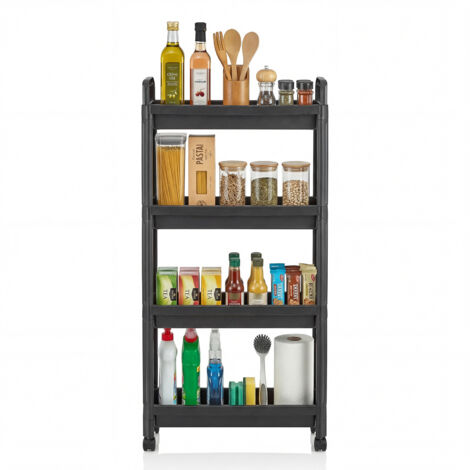 Chariot de Rangement à Roulettes, Organisateur de Salle de Bain 3/4 Niveaux avec Poignées, Chariot Multifonction Unité d'Étagères mobile Étroite pour