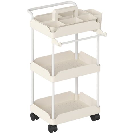 Chariot de rangement blanc avec 3 paniers, porte-serviettes, roulettes, structure métallique moderne