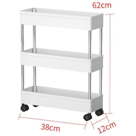 Chariot de Rangement Mobile à 3 Niveaux, Chariot de Stockage, Étagère de Rangement Fine à 3 Niveaux, pour Cuisine Étroites, Salle de Bain, avec roues(38x12x72cm)