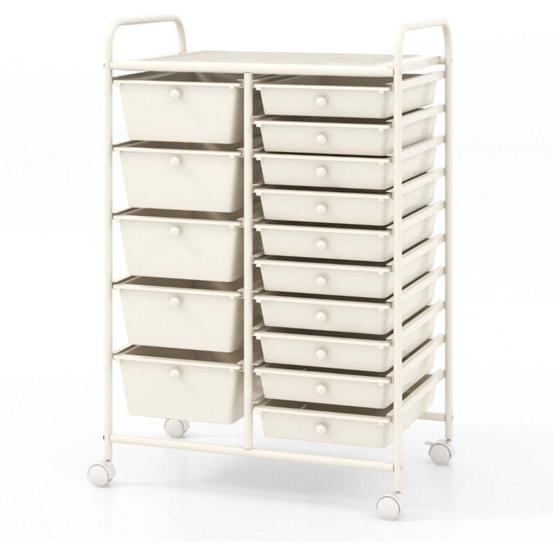Chariot de rangement mobile avec 15 tiroirs empilables blanc