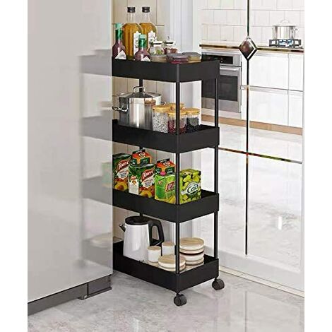Chariot de Rangement Mobile sur 4 Niveaux, Chariot de Stockage, Étagère sur Roulettes, pour Cuisine Étroites, Salle de Bain, Buanderie, Bureau, 40x22x90cm, Blanc