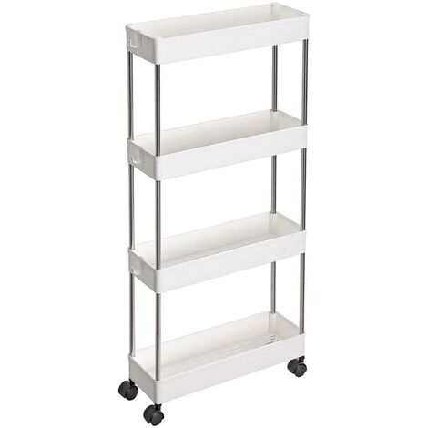Chariot de rangement mobile sur 4 niveaux étagère sur roulettes pour salle de bain et cuisine étroites 40 x 13,5 x 86 cm blanc - Blanc